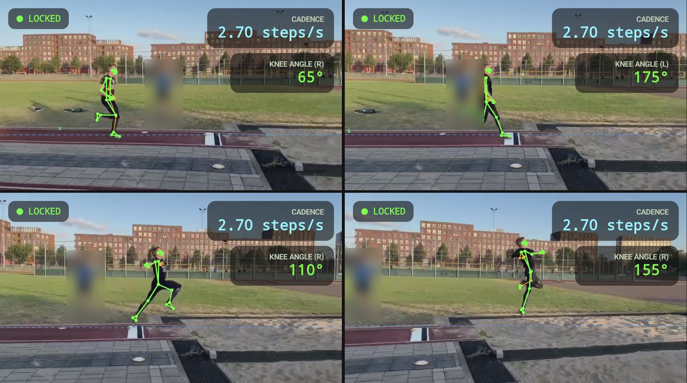 Four frames of a long jump with the skeleton overlay: last step, plant on the board, take-off, flight