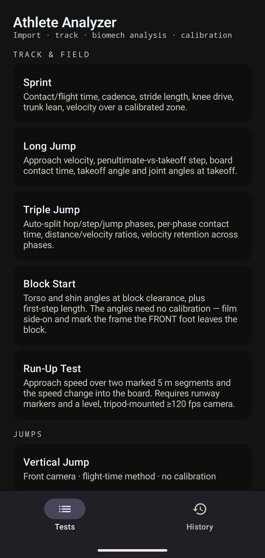 The tests screen